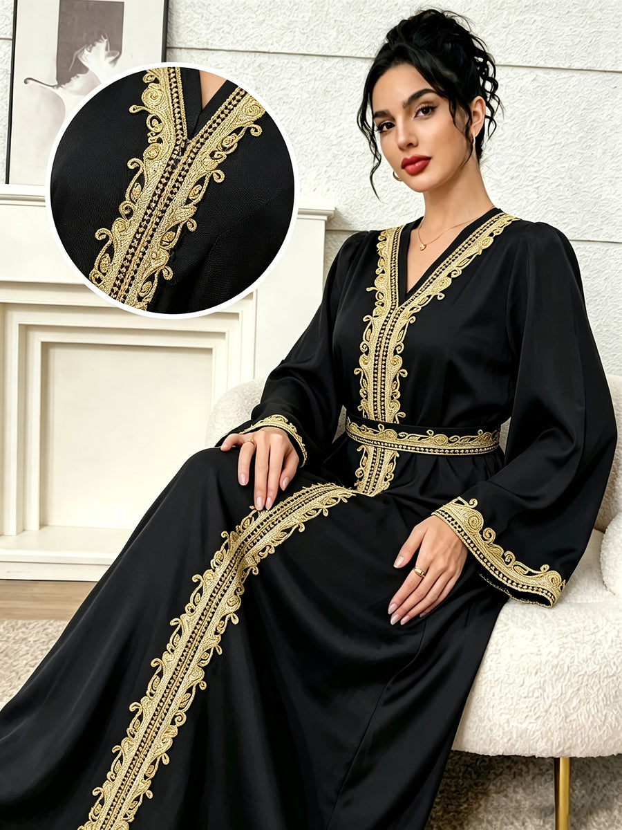 1pc Women's Elegant Kaftan Dress Golden Embroidery V-Neck Long Sleeve Abaya Maxi Dress Luxury Evening Party Gown with Belt White Embroidery Abaya Dress Women's V-Neck Long Sleeve Maxi Kaftan Luxury Contrast Golden Trim Party Gown - Black