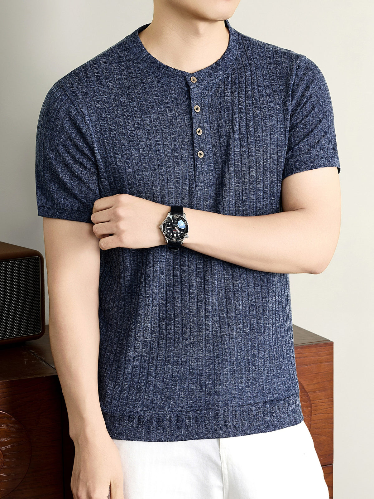 Men'S 2026 New Summer Short Sleeve, Vertical Rib Knit, Regular Fit Casual Top, Easy And Fashionable for Daily Wear, Business Commute, Vacation And Weekend Leisure - Shangqing