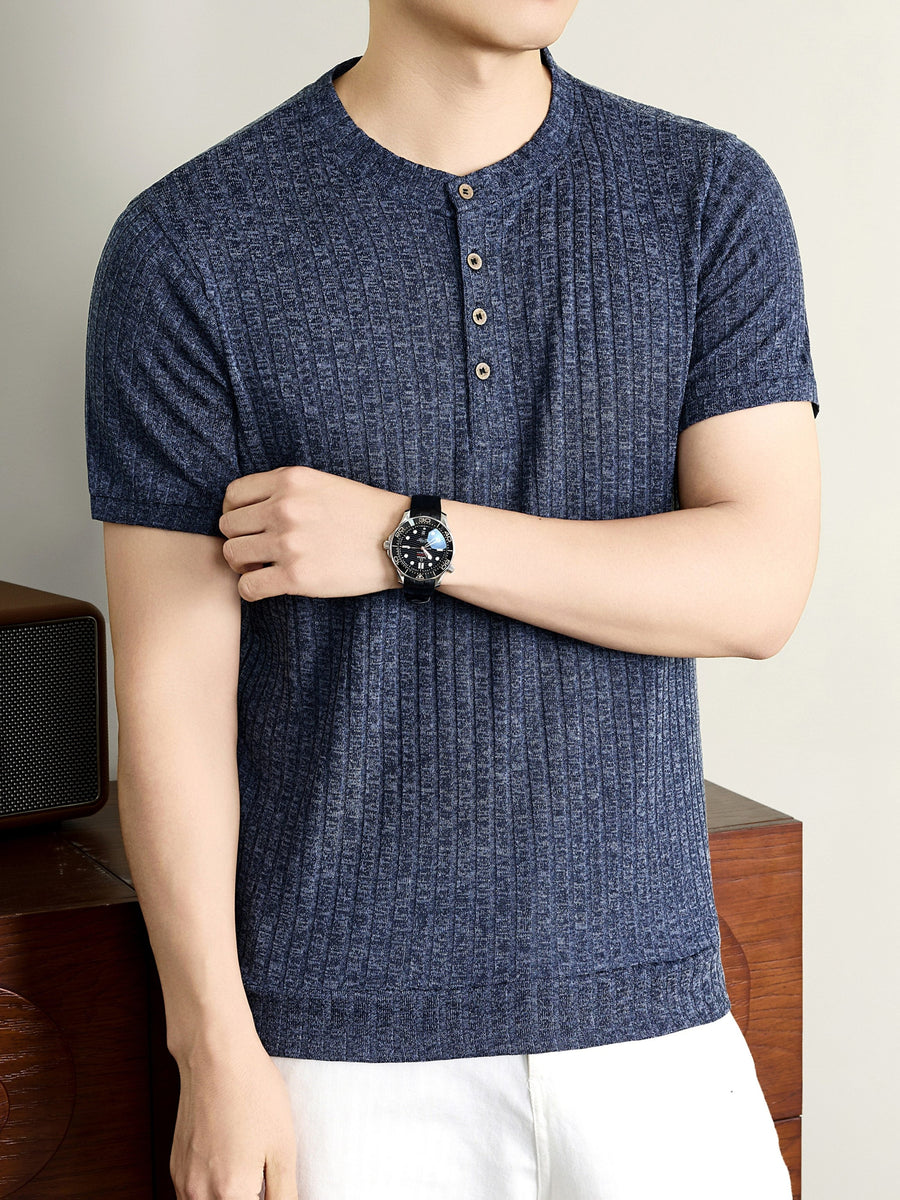 Men'S 2026 New Summer Short Sleeve, Vertical Rib Knit, Regular Fit Casual Top, Easy And Fashionable for Daily Wear, Business Commute, Vacation And Weekend Leisure - Shangqing