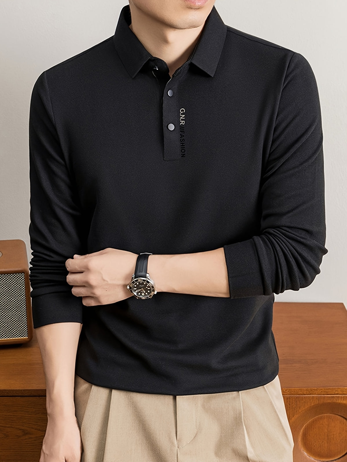 Men'S Lapel Long Sleeve Polo Shirt, Classic Small Lapel, 3-Button Placket, Business Commute And Casual Wear - SINBOS - Black