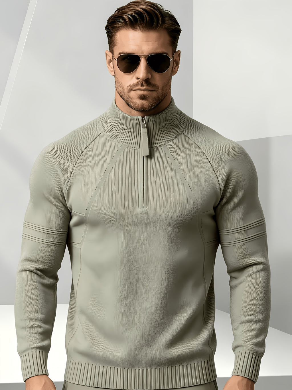 Business-casual Men's Half-zip Knit Pullover, Raglan Sleeve Textured Fabric with Ribbed Cuffs, Loose-fit Sweater, Suitable for Daily Wear, Office, and Weekend Outings in Autumn and Winter - Dark Khaki