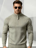 Business-casual Men's Half-zip Knit Pullover, Raglan Sleeve Textured Fabric with Ribbed Cuffs, Loose-fit Sweater, Suitable for Daily Wear, Office, and Weekend Outings in Autumn and Winter - Dark Khaki