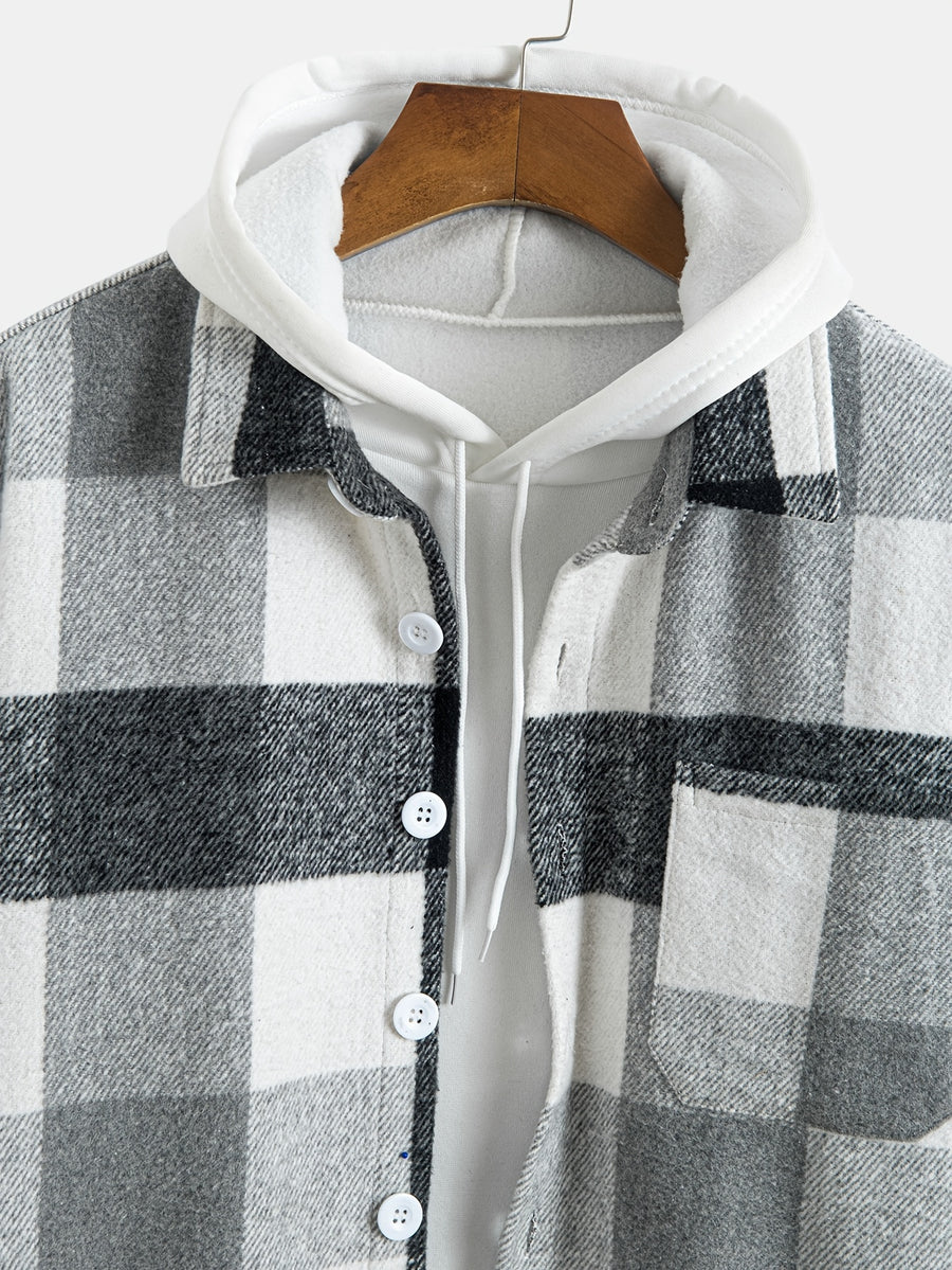 Plaid Shirt Collar Jacket Coat - Grey