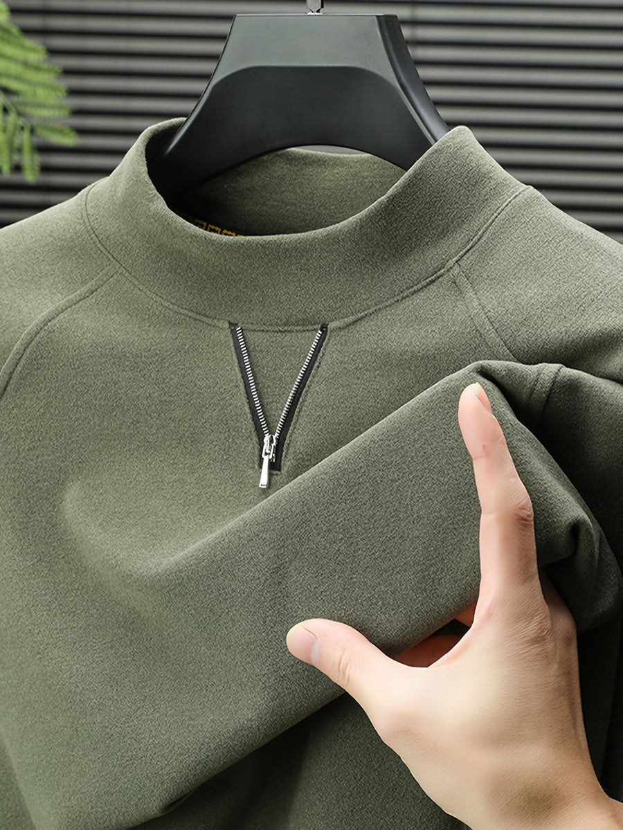 Men's Half-Turtleneck V-Neck Long-Sleeve Base Layer with Small Zipper, Understated and Mature, Seamlessly Transitions Between Business and Casual Settings - SINBOS - Green