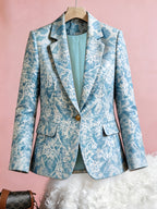 1pc Women's Printed Waist-Cinched Blazer, Single-Breasted Notch Lapel Casual Blazer, Elegant French-Style Commuter Jacket NS702 - Sky Blue