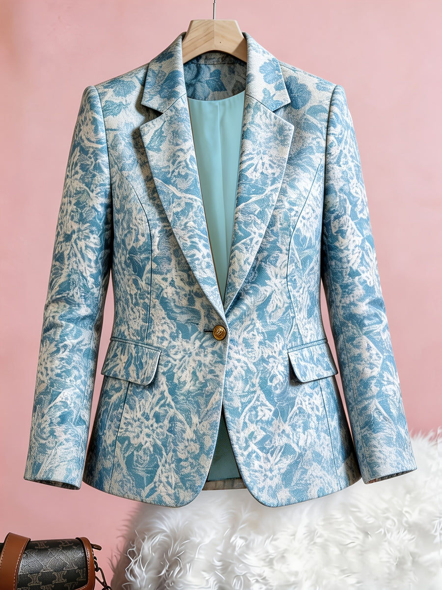 1pc Women's Printed Waist-Cinched Blazer, Single-Breasted Notch Lapel Casual Blazer, Elegant French-Style Commuter Jacket NS702 - Sky Blue