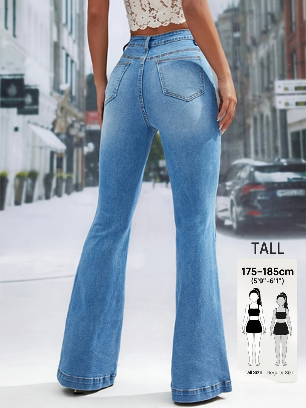 TALL Tall Size Denim Flare Jeans for Tall Women, Casual Elegant All-Match Light Blue Washed Flare Jeans, Stretch Fabric, Button-Detail, Suitable for Daily Commute And Casual Outings, 175Cm-185Cm Women'S Denim Flare Jeans - Light Blue