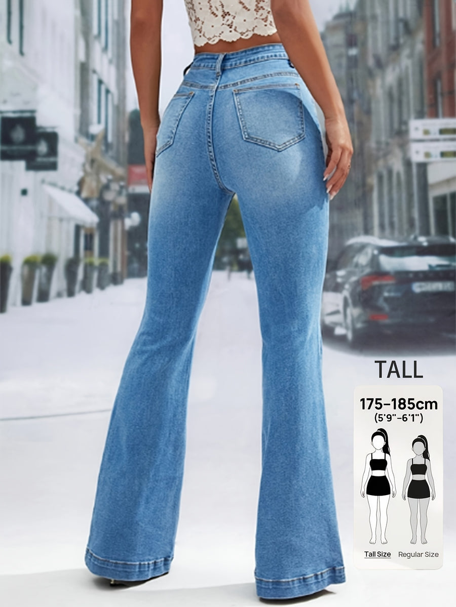 TALL Tall Size Denim Flare Jeans for Tall Women, Casual Elegant All-Match Light Blue Washed Flare Jeans, Stretch Fabric, Button-Detail, Suitable for Daily Commute And Casual Outings, 175Cm-185Cm Women'S Denim Flare Jeans - Light Blue