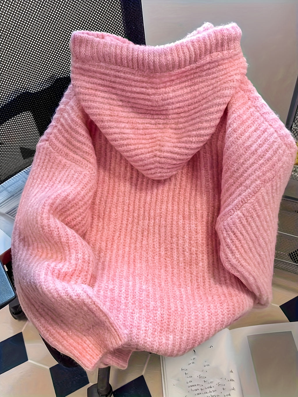 Hooded Chunky Cable- Sweater with Coarse Ribbed Texture, Tassels, Drawstring, Vertical Ribbed Detailing, and a Relaxed Fit. This Long-sleeve Pullover Features a Simple, Casual Design for a Laid-back and Effortless Look - Pink Color