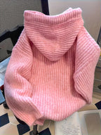 Hooded Chunky Cable- Sweater with Coarse Ribbed Texture, Tassels, Drawstring, Vertical Ribbed Detailing, and a Relaxed Fit. This Long-sleeve Pullover Features a Simple, Casual Design for a Laid-back and Effortless Look - Pink Color