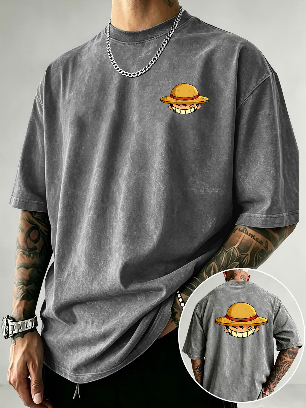 Straw Hat Cartoon Boy Portrait Print Men's Vintage Washed Loose Fit Pure Cotton Short Sleeve T-Shirt - Grey