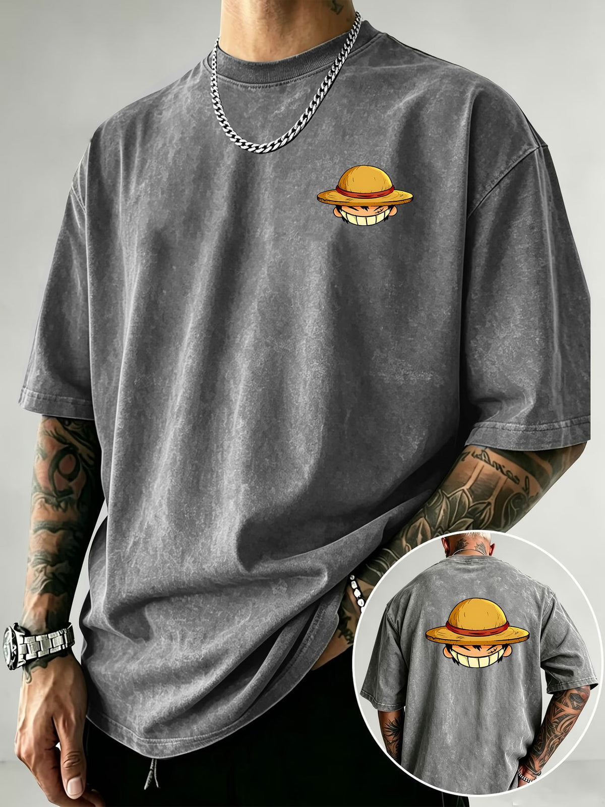 Straw Hat Cartoon Boy Portrait Print Men's Vintage Washed Loose Fit Pure Cotton Short Sleeve T-Shirt - Grey