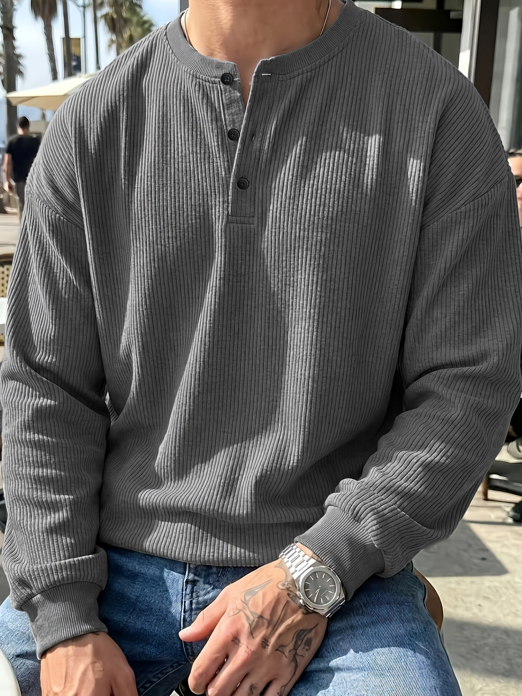 Men'S Casual Outdoor Fashion Versatile Solid Color Long Sleeve Henley Shirt - Casual Leisure - Outdoor Streetwear - Essential for Home And Travel - Light Grey