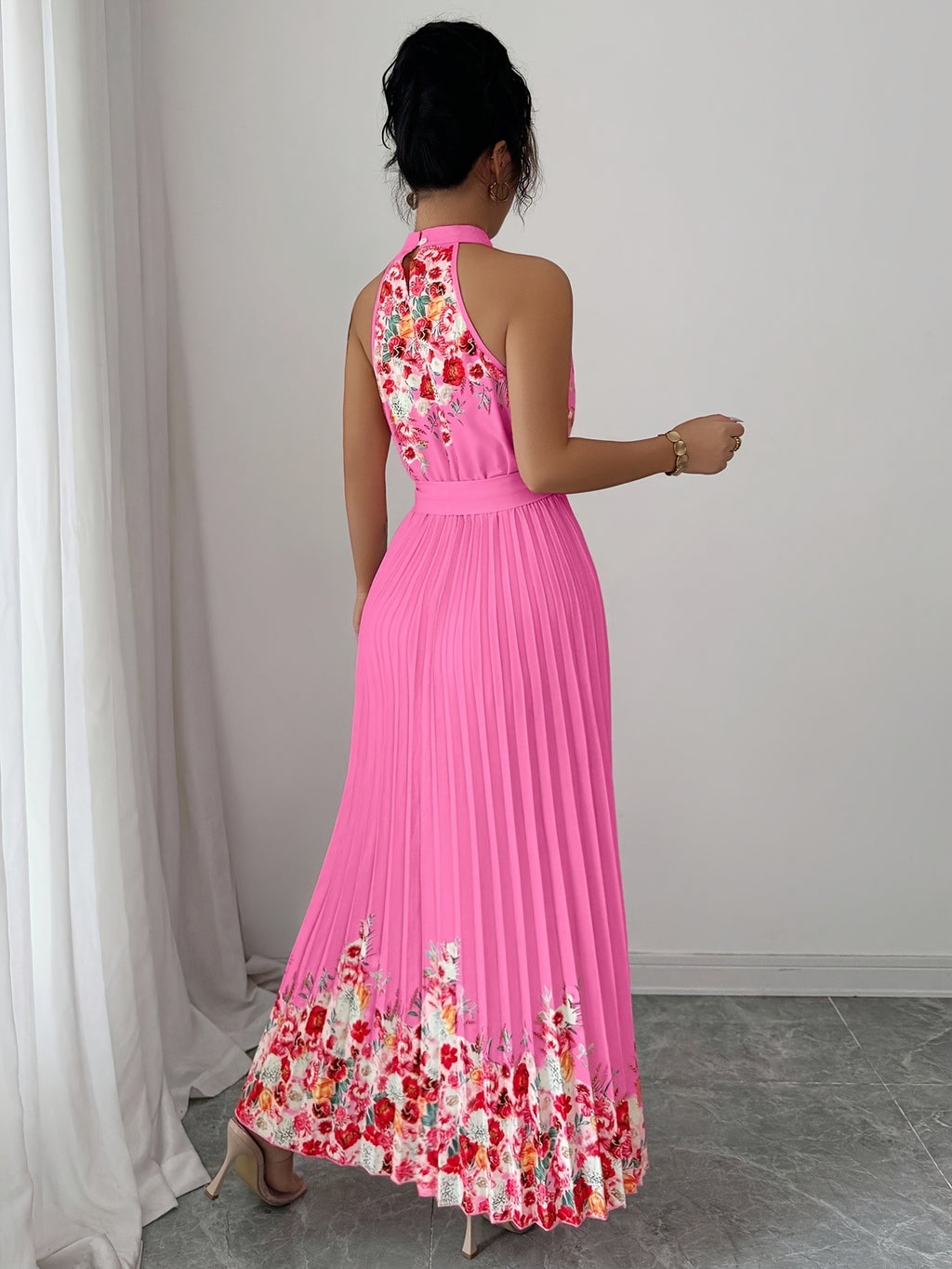 Fashionable New Women'S Summer Halter Floral Print Pleated Dress - Rose Red