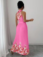 Fashionable New Women'S Summer Halter Floral Print Pleated Dress - Rose Red