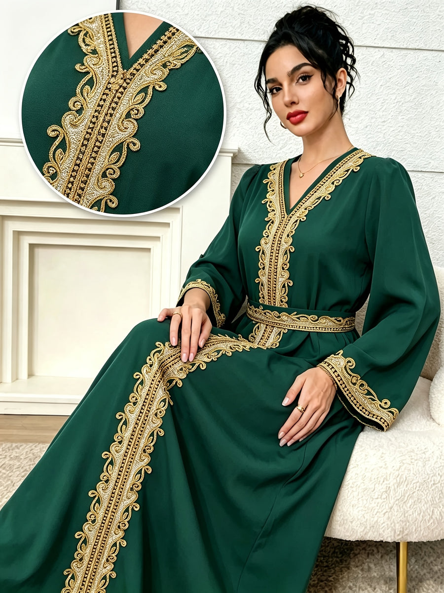 1pc Women's Elegant Kaftan Dress Golden Embroidery V-Neck Long Sleeve Abaya Maxi Dress Luxury Evening Party Gown with Belt White Embroidery Abaya Dress Women's V-Neck Long Sleeve Maxi Kaftan Luxury Contrast Golden Trim Party Gown - Dark Green