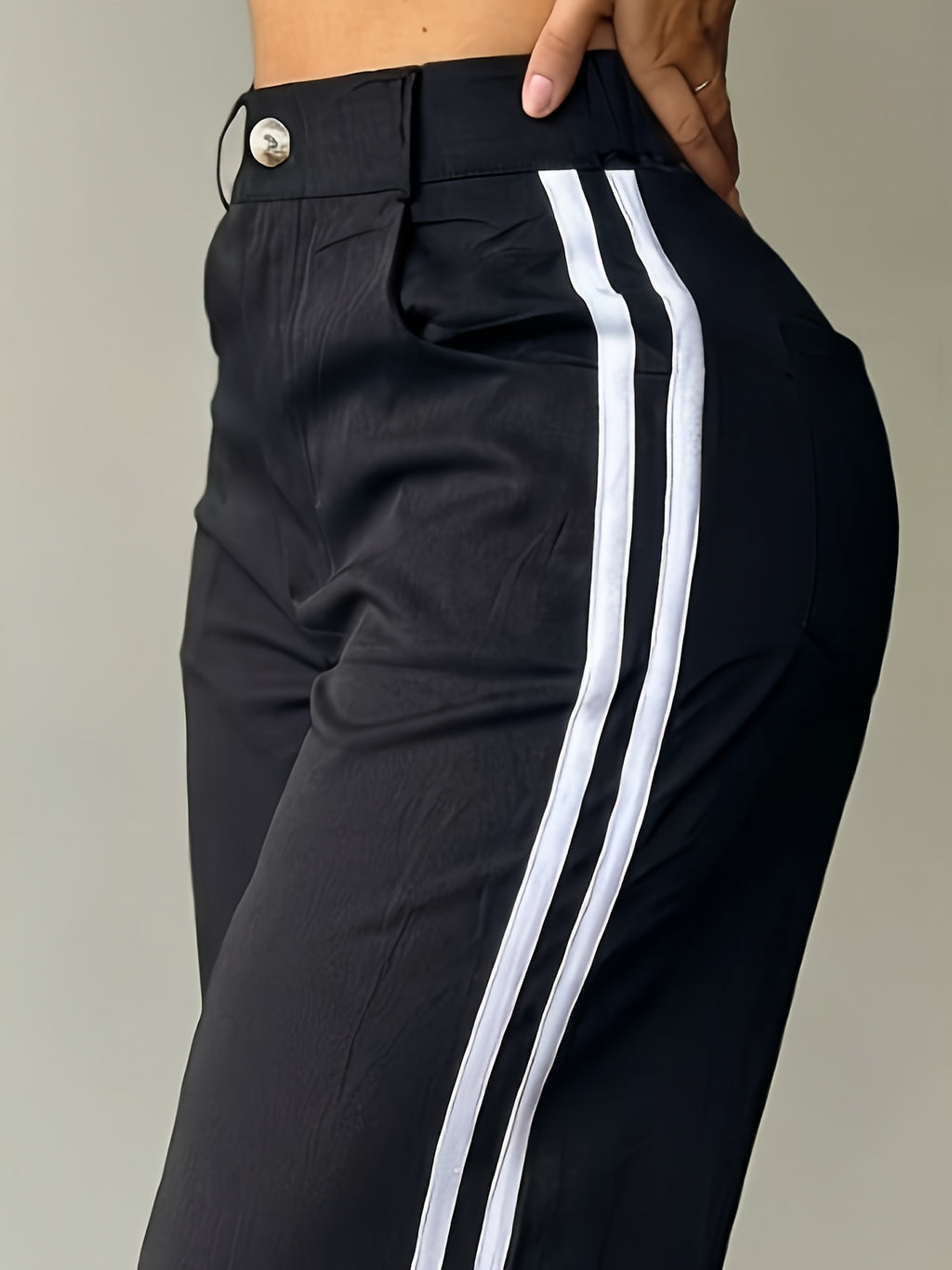 Spring and Autumn Women's Long Pants, Wide-Leg Pants with White Side Stripes, Vintage Fashionable Pants for a Tall and Look, Casual Trousers - Black