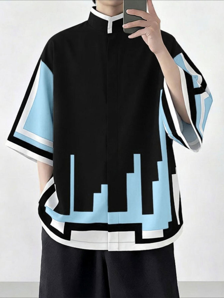 Men Casual Tops Funny Print Stand Collar Short Sleeve Loose Thin Outdoor Street Summer Vacation Hippy Shirt - Blue