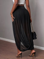 Women's Summer Sexy Solid Color Long Skirt, Asymmetrical Hem Flowy Maxi Skirt, Fashion Party Nightclub Outfit Skirt - Pure Black