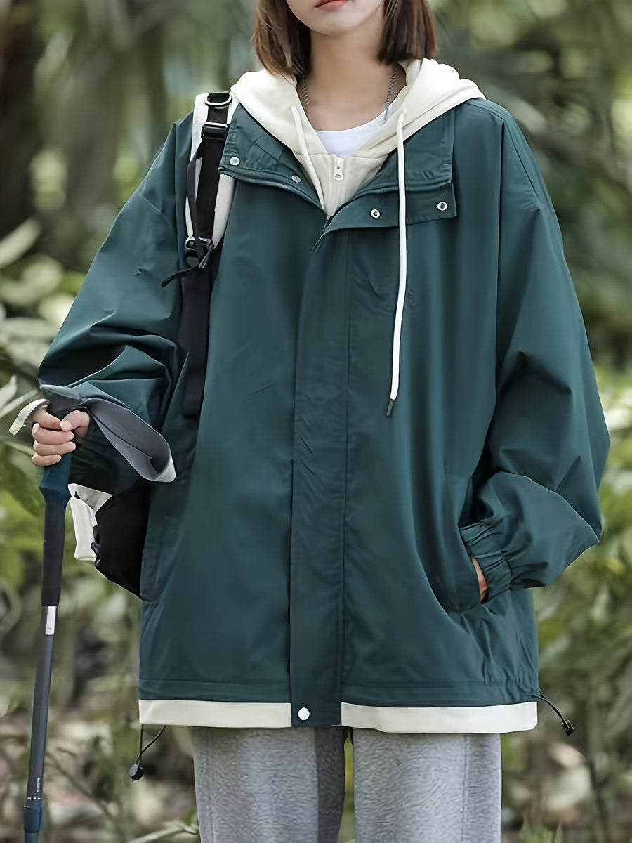 New Women's Casual 2-in-1 Look Workwear Trench Coat, Loose American-Style Hooded Jacket Outerwear Top - Dark Green