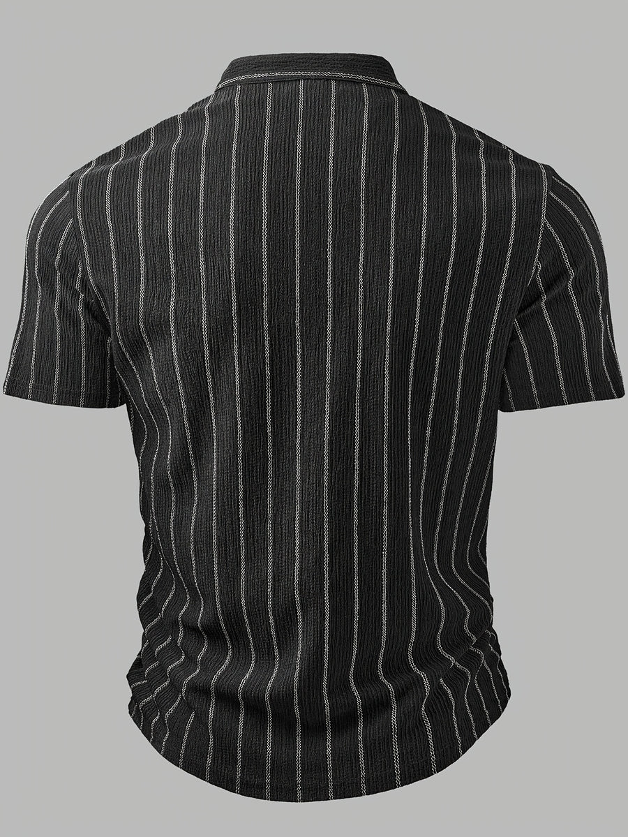 Men'S Fashion Top, Spring Summer Outdoor Casual Textured Striped Wrinkle-Look Fabric, Henley Collar Single Button Patchwork Short Sleeve Men'S Henley Shirt - Black