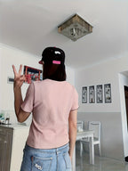 Women'S Short-Sleeved Polo Shirt with Collar, New French Style for Summer, with Pleats, Short Top with Buttons on The Front - pink color