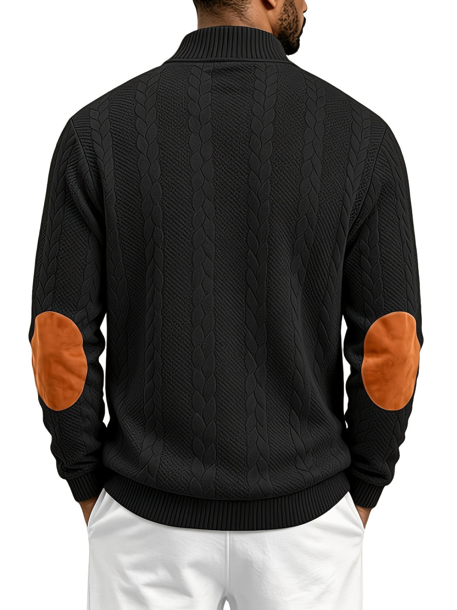 Men'S Casual Long Sleeve Knit Sweater, Textured Cable And Diamond Pattern, Stand Collar with Button Placket, Contrast Elbow Patch Details, Ribbed Cuffs And Hem, Ideal for Fall Winter Work, Travel, Golf And Daily Wear - Black