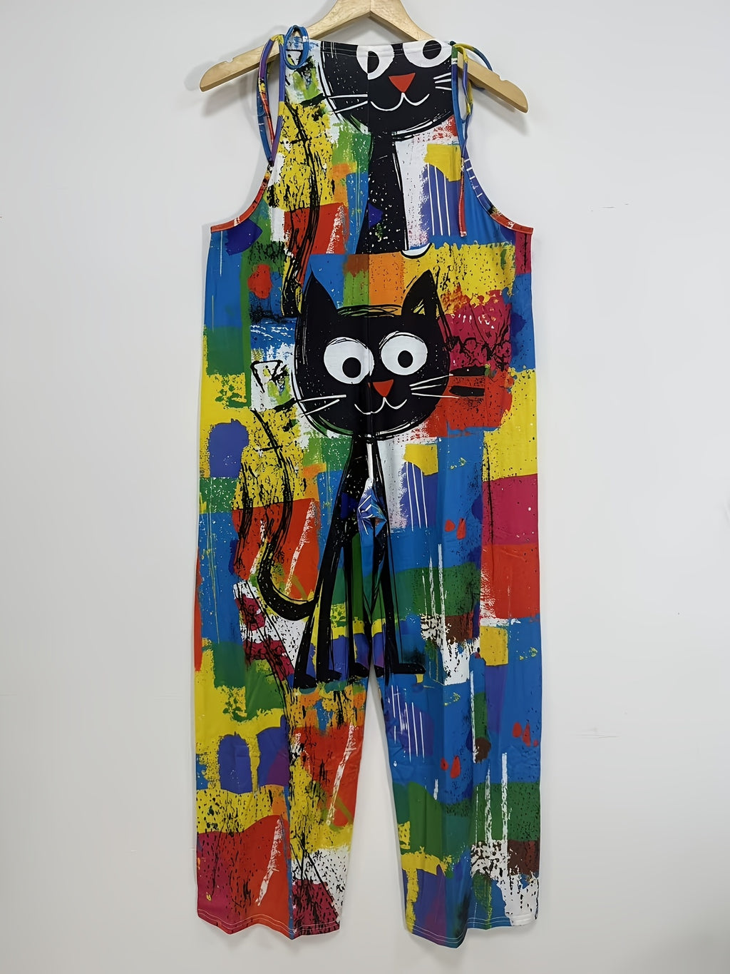 Adjustable Strap Pants with a Cute Cat Print - D14 Tuxi Orientation - Deep Sky Blue