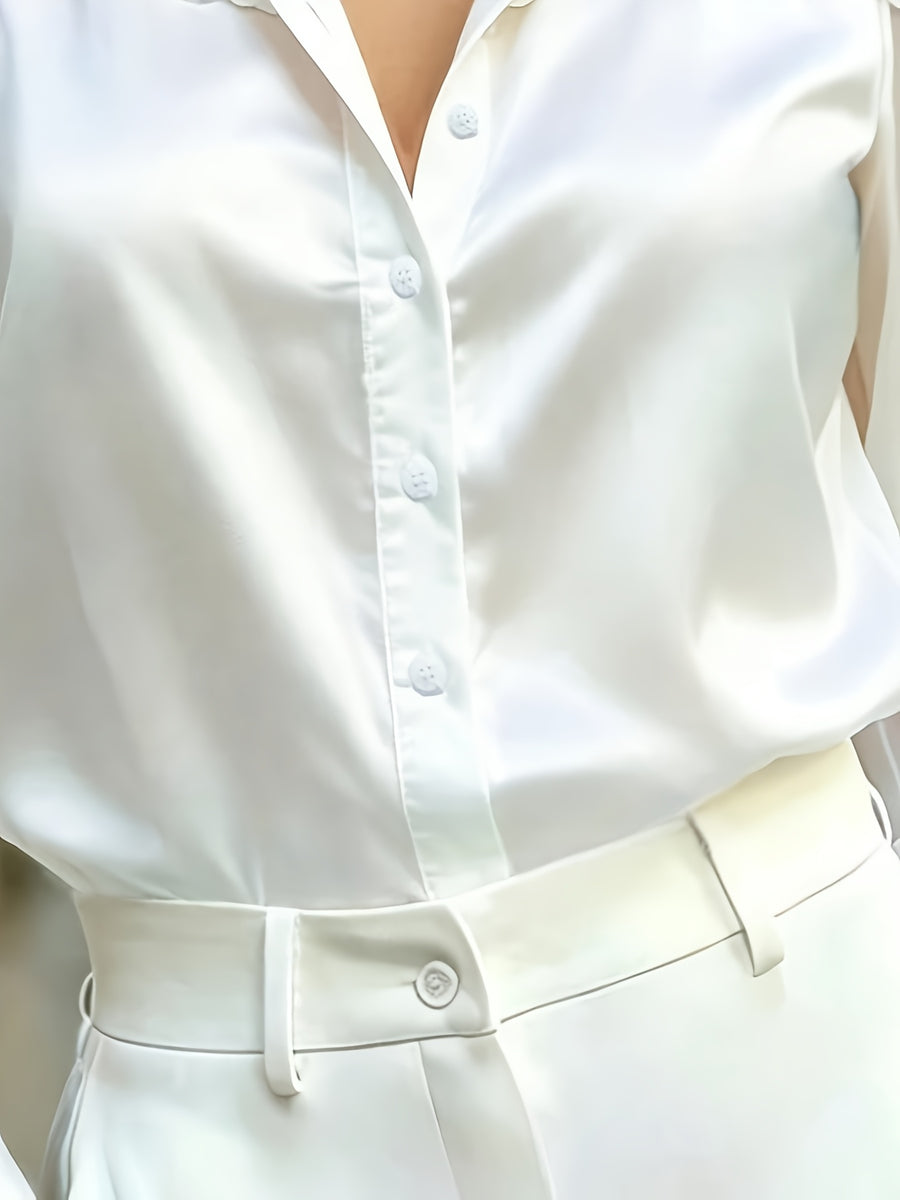 Ladies Elegant Satin Spliced Chiffon Long-Sleeved Breathable Spring And Summer New Style - White