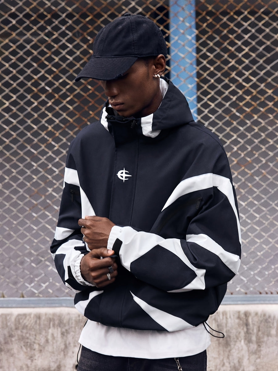 Men'S Contrast Color Hooded Jacket with Drawstring Hem, Elastic Cuffs, Outdoor Casual Sports Coat Suitable for Spring/Autumn Outfits, Parties, And Gifts for Boyfriend/Husband - Blue