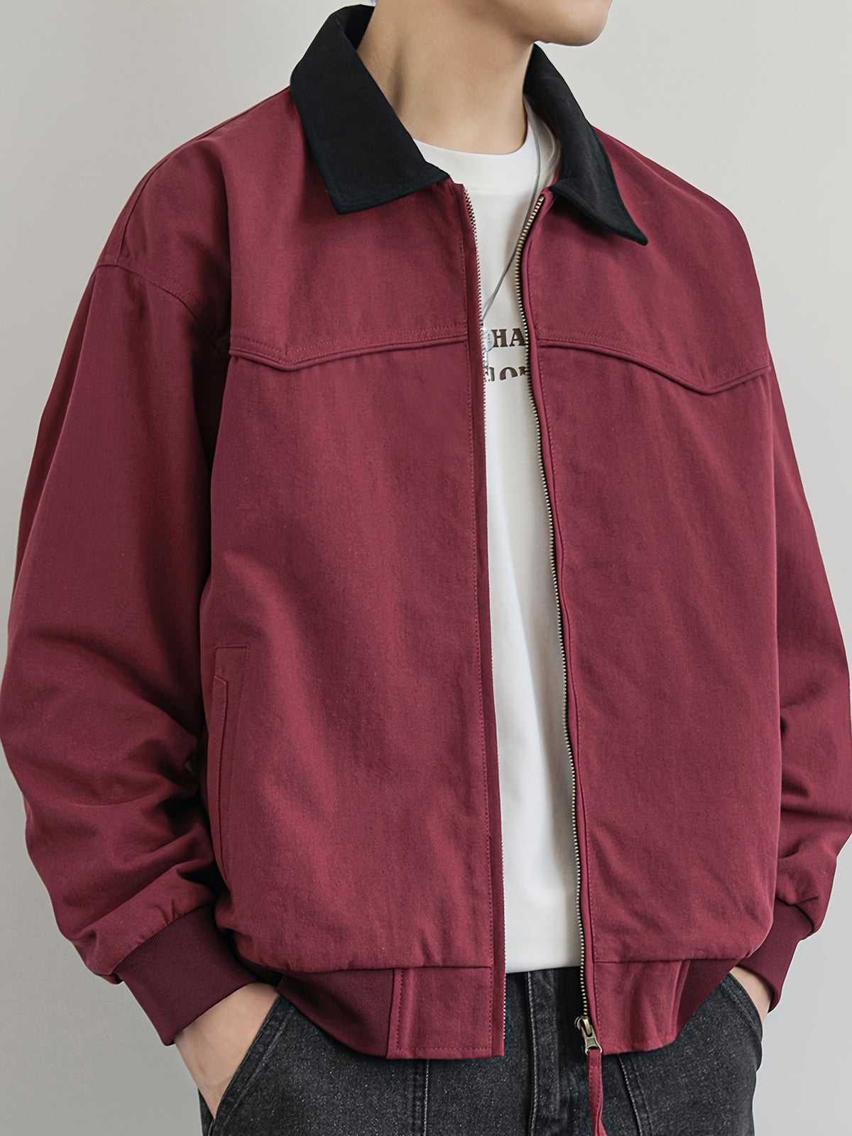 Jingmeleng Selection Men's New Outdoor Workwear Vintage Lapel Jacket - Contrast-Color Corduroy Collar - Solid Color Fabric with Drawstring - Metal Vintage YKK Zipper - Hem and Cuff Ribbed Design - Loose Fit Fashionable Trendy Casual Outerwear - Chili Fruit Red