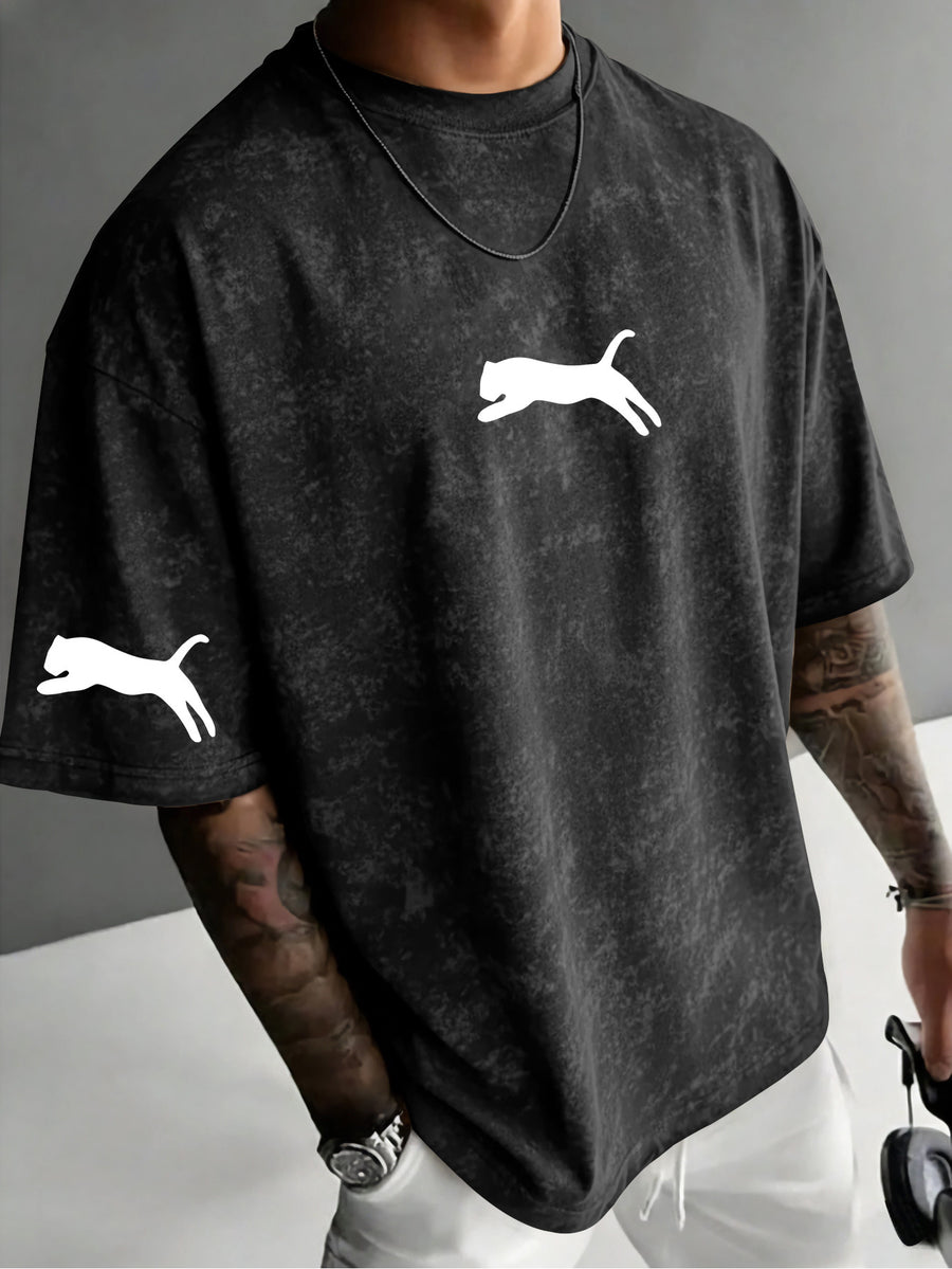 American Retro Distressed Short Sleeve T-Shirt, Men'S Trendy Cheetah Print Regular Oversize Street Casual Top - Black