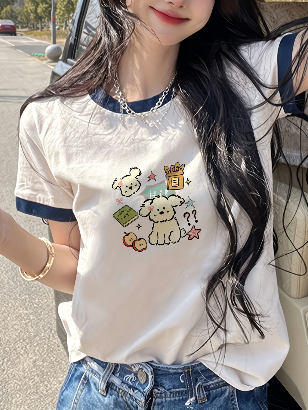 Cute Cartoon Dog And Apple Print Women's T-Shirt Summer Casual Wear for And - White