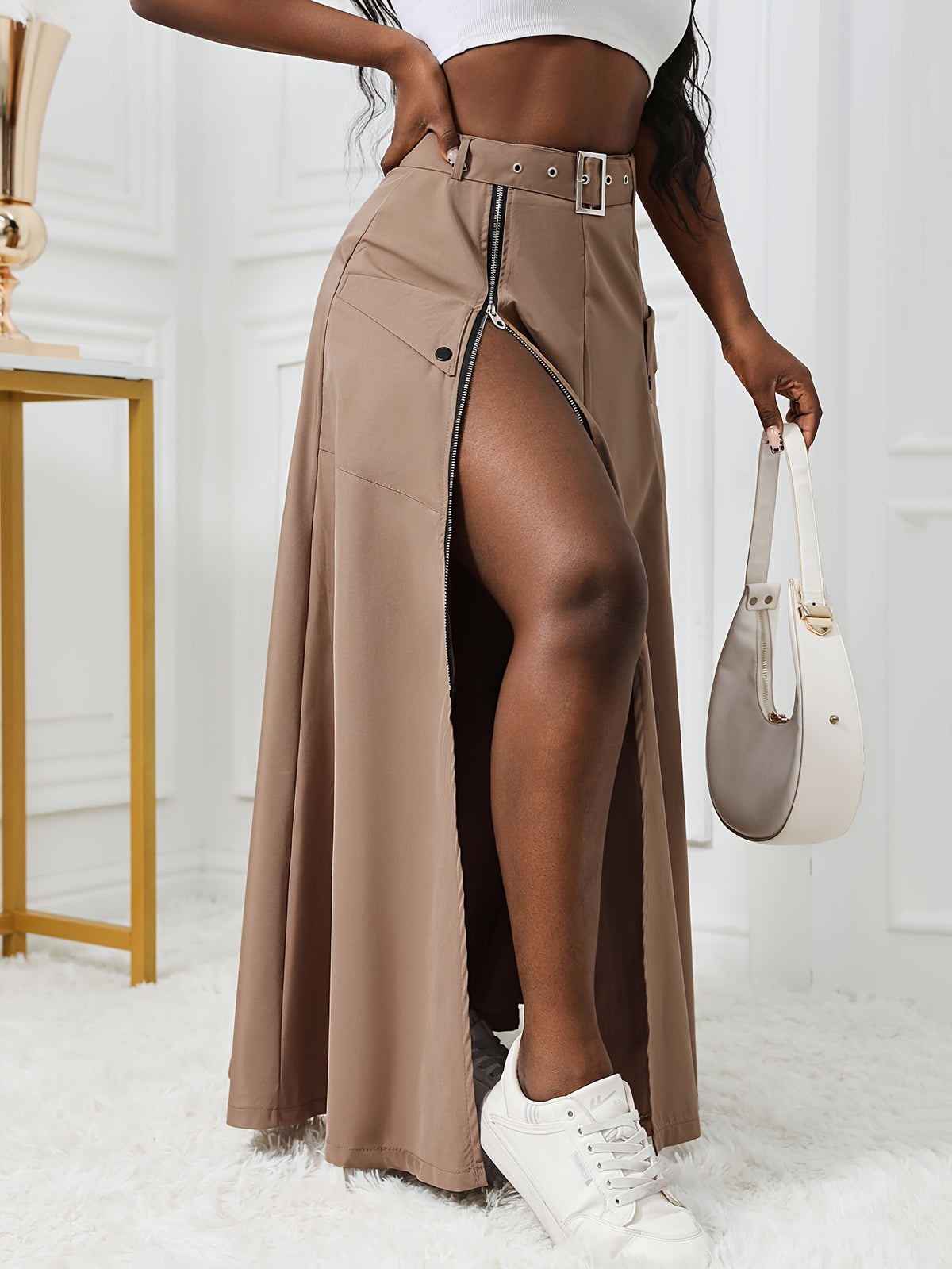 Street Style Women'S Front-Slit Zipper Utility Skirt Fashion Sensual Belt Utility Long Skirt Apron Skirt - Khaki