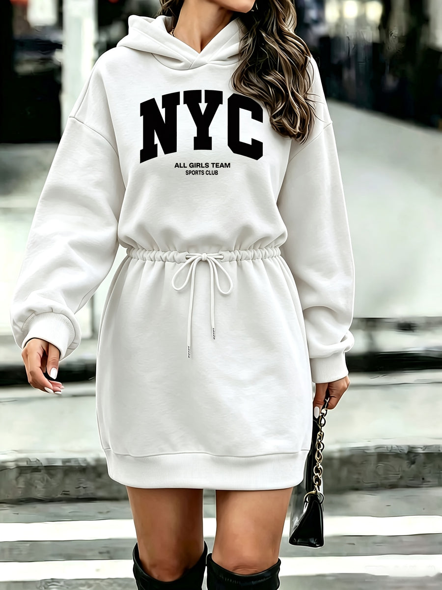 Women'S Tummy Control Drawstring Letter NYC Print Hooded Sweatshirt - White