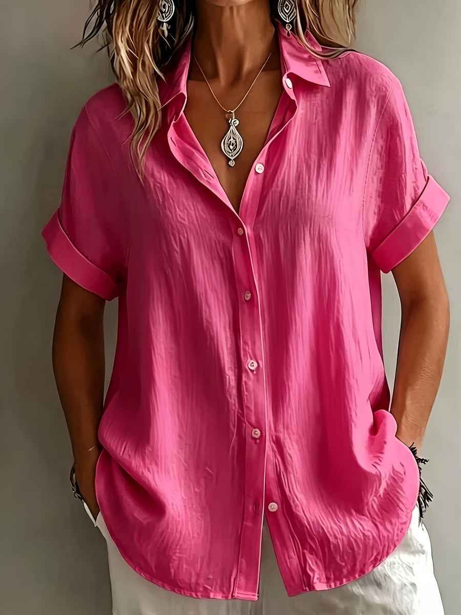 Women'S Elegant Vacation Style Short Sleeve Top, Loose Lazy Shirt, Commute Casual Literary Style, And Covering, Daily Temperament Style, Loose Drape, Breathable And Comfortable - Rose Red