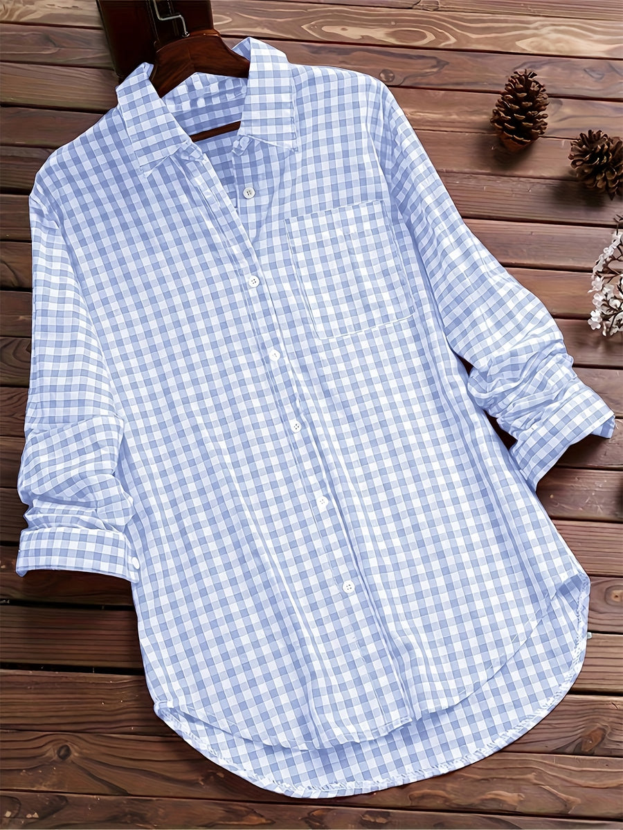 Women'S Autumn Casual Vintage Commute Long Sleeve Checkered Striped Shirt - Light Blue