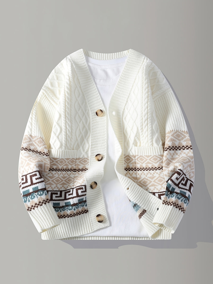 2026 Spring New Arrival Men's Knitted Cardigan, Patterned Outerwear Top - White