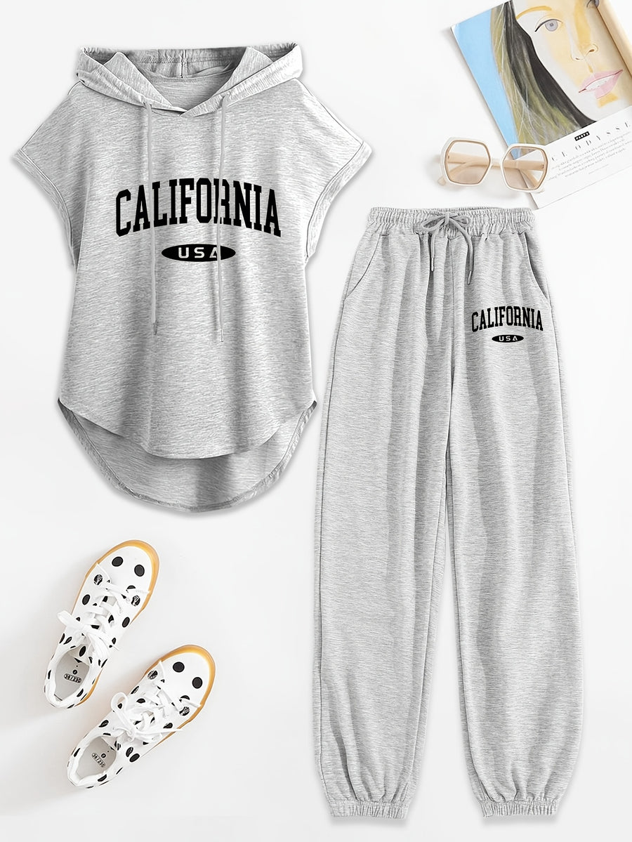 Women's Two-Piece Drawstring Sleeveless Hooded Top and Summer Letter Print Pants Set, Elastic Waist Casual Pants, Winter ; Christmas, Cyber Monday, New Year, Commuting, Casual Yet Appropriate, Daily Outfit - Grey