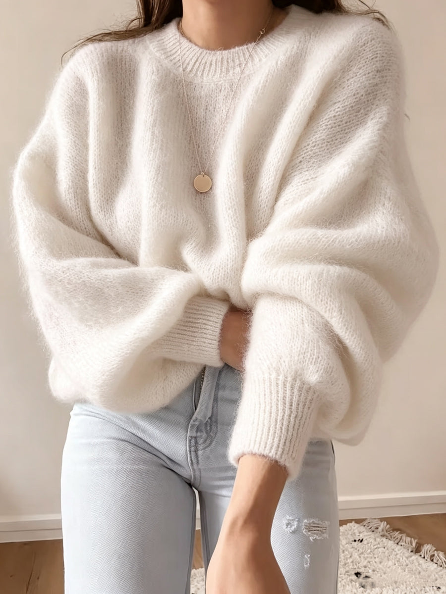 French Lazy Round Neck Sweater Early Autumn Early Winter Oversized Lantern Long Sleeve Women'S Soft Plush Skin-Friendly -Concealing Single Piece Versatile Inner Wear Outer Wear Commute Date Travel Casual Relaxed Atmosphere Pullover Top ASD1 - White