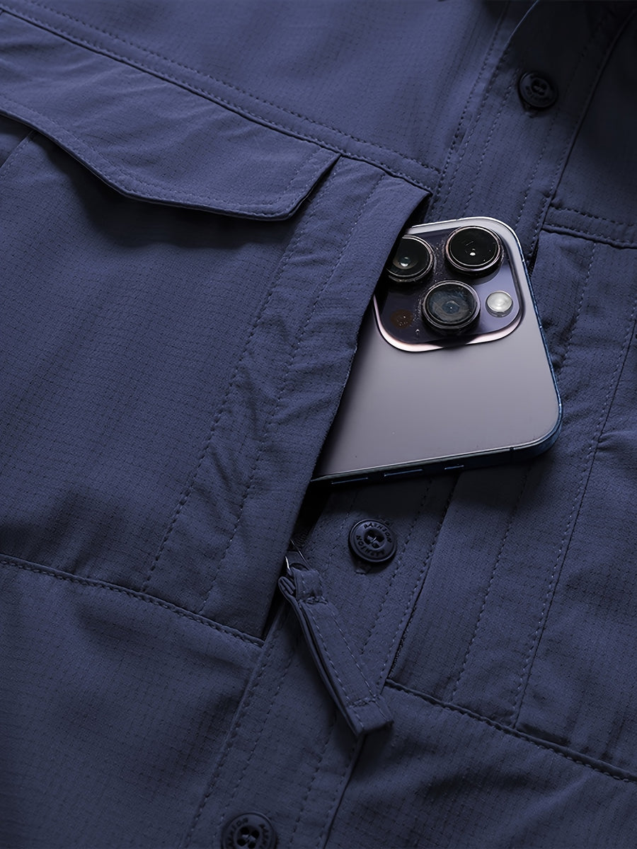 Outdoor Multi-pocket Functional Combat Quick-drying Shirt Casual Quick-drying Sports Shirt Thin Style with Four Chest Pockets and Armpit Ventilation Holes, Hunting - Dark Blue