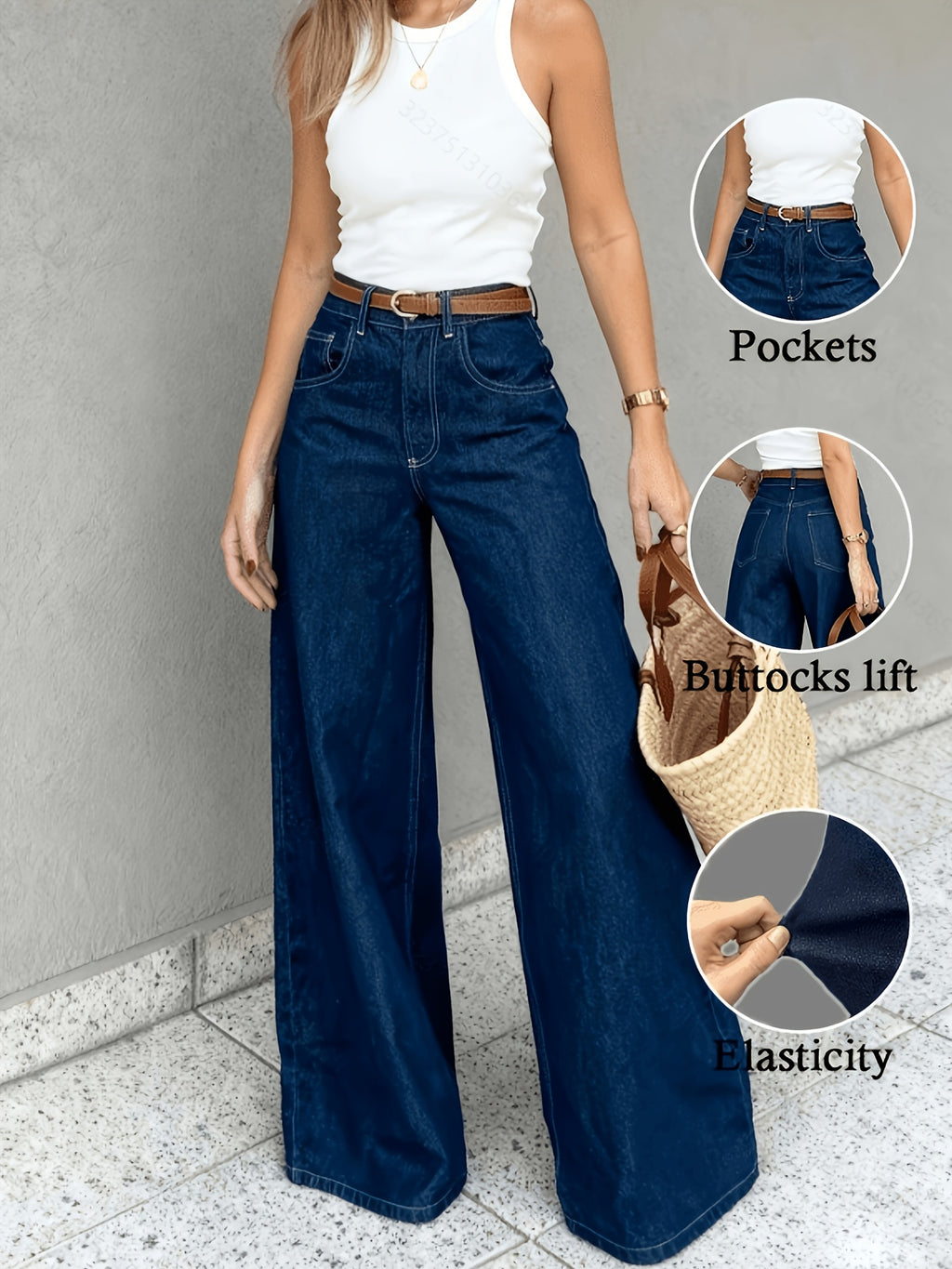 (Belt-Free) French Elegant Commuter Style Women'S Mid-Rise Dark Blue Washed Denim Long Trousers, Straight Wide Leg, Comfortable Fit, Trendy And Avant-Garde, Durable And Comfortable to Wear, Outdoor Casual Fashion Street Wear, Machine Washable - Deep Blue