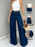 (Belt-Free) French Elegant Commuter Style Women'S Mid-Rise Dark Blue Washed Denim Long Trousers, Straight Wide Leg, Comfortable Fit, Trendy And Avant-Garde, Durable And Comfortable to Wear, Outdoor Casual Fashion Street Wear, Machine Washable - Deep Blue
