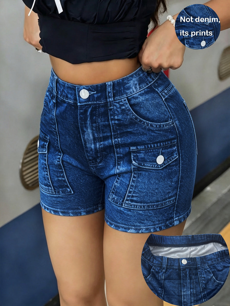 【imitation denim】[Printed Pants - Not Faux Denim Fabric]High-Waisted, High-Stretch, Imitation Faux Denim Printed Skinny Shorts, Base Pants - Blue