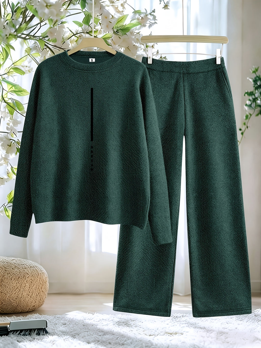 New Arrival Women'S Fall Winter Thick 2pcs Outfit, Printed Loose Crew Neck Faux Pullover Top Straight Leg Pants Set, Fashion Casual Long Sleeve Warm Sweater Matching Set, Soft Washable Loungewear for Home Outdoor Wear - Dark Green