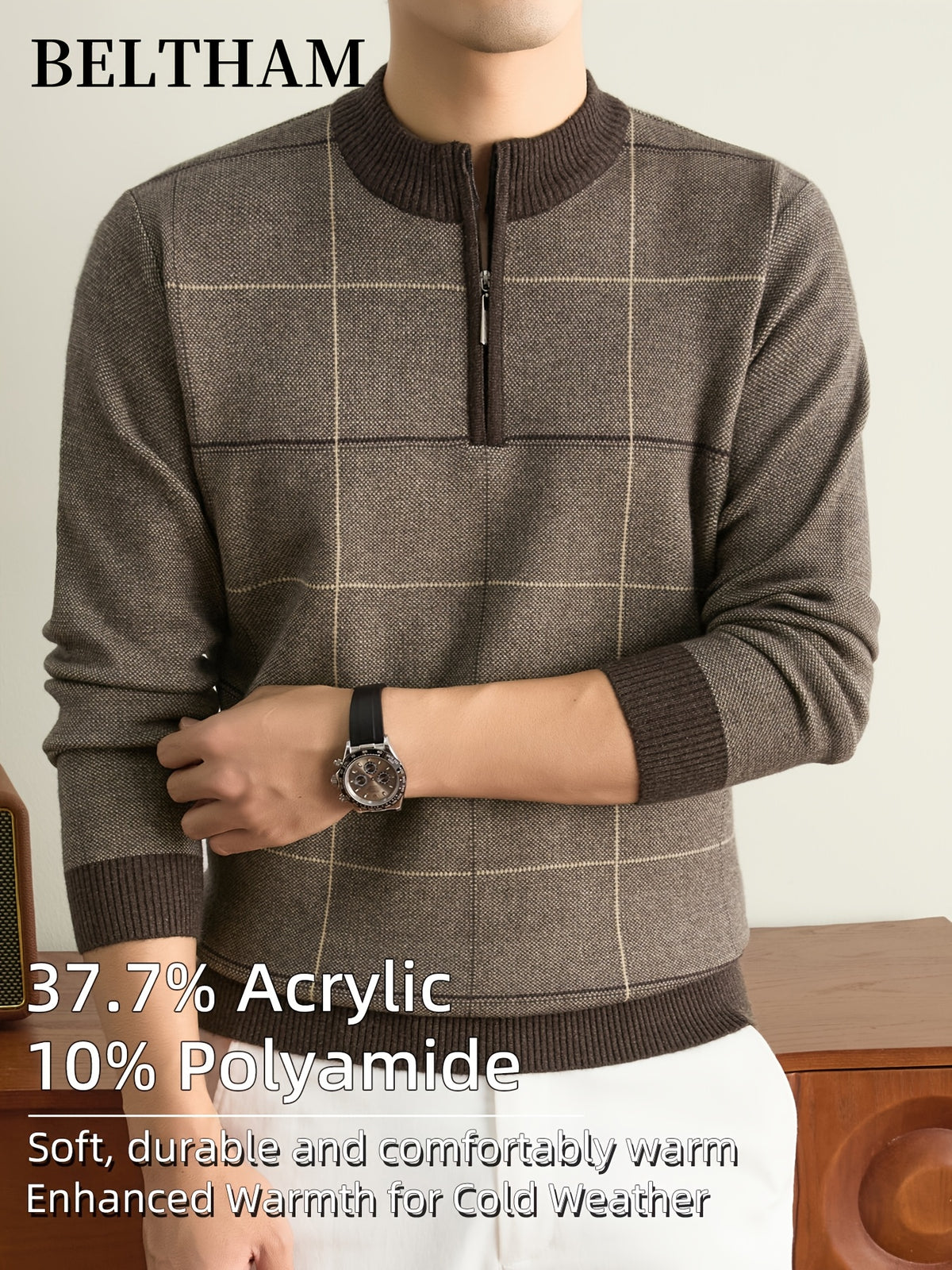 Men' Thick Warm Winter Knit Sweater Half-Zip Collar Pullover - Soft Thermal Long Sleeve Round Neck Sweater Suitable for Casual, Business, Outdoor Wear, Ideal Gift for & Husband, Fishing, Camping, Daily Use, Hand Washable - Camel