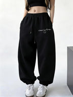 New Spring/Winter Women's Letter Print Jogger Sweatpants, Easy-Care Fabric, Soft and Warm, Machine Washable, Letter Print Lounge Pants, Suitable for Travel, Home, and Outdoor Outings, Solid Color Printed Pants, Monochrome Jogger Pants - Black