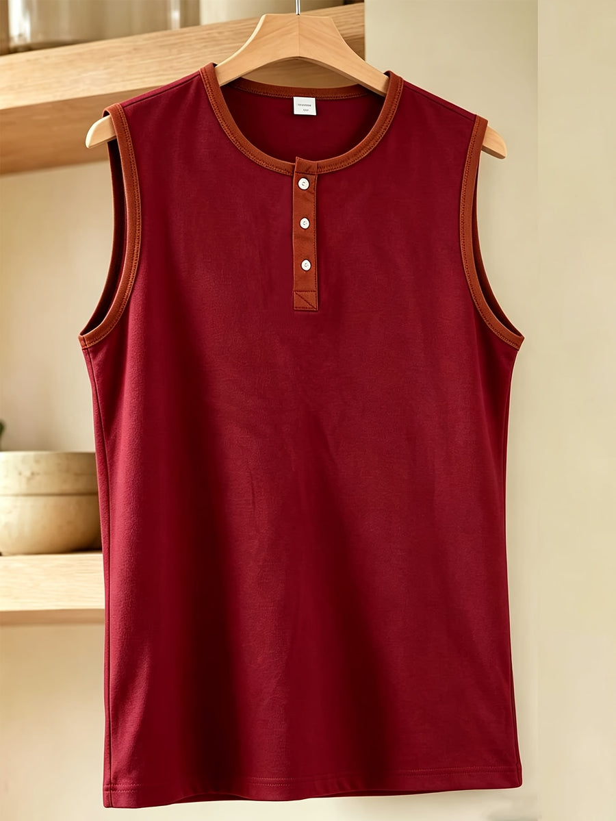 Men's Three-Button Henley Collar Sleeveless Vest with Contrast Binding, Round Neck, Summer Solid Color Casual Sportswear Top - Burgundy