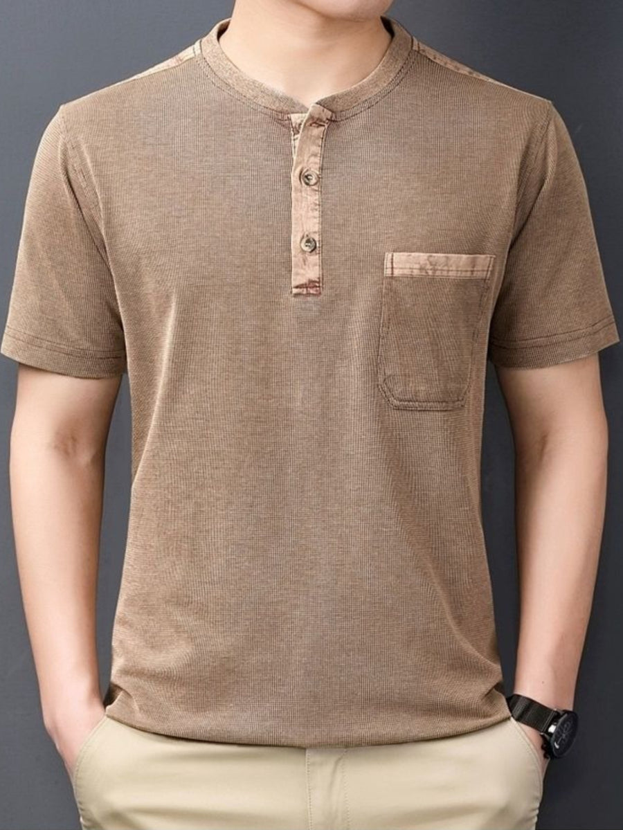 New Summer Men's Short-Sleeve Henley Shirt with Washed Distressed Finish, Waffle Knit Texture, Business Casual T-Shirt with Pocket - Camel