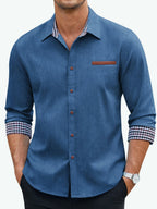 Men's Blue Denim Long Sleeve Shirt, Breathable Button Shirt with Turn- Collar and Faux Chest Pocket, Loose Fit Casual Urban Streetwear Shirt for Daily Commute - Dark Blue 1